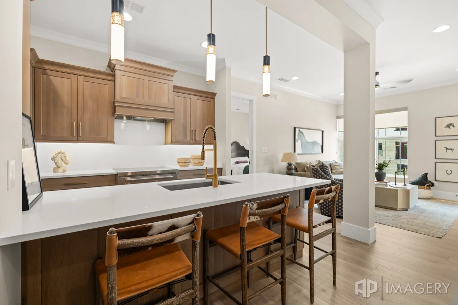 Walnut and brass at the island